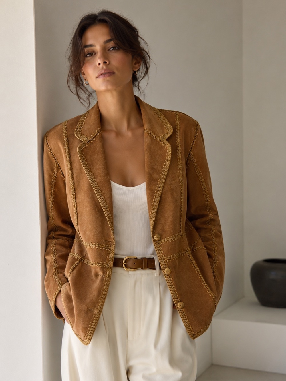 Kroshetta Suede Leather Crochet Jacket Boho Western Tan XL